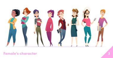 Kadın karakter tasarım koleksiyonu. Modern düz çizgi film tarzı. Dişiler bir arada durur. Farklı pozlarda genç kadınlar..