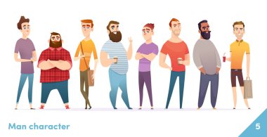 İnsanlar karakter tasarım koleksiyonu. Modern karikatür düz tarzı. Erkekler ya da manegerler bir arada dururlar. Genç profesyonel erkekler pozlar.