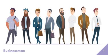 İşadamı veya insan karakter tasarım koleksiyonu. Modern karikatür düz tarzı. Genç profesyonel erkekler pozlar.