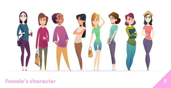 Frauen Charakter Design Kollektion. moderner Cartoon-Flachstil. Weibchen stehen zusammen. Junge Weibchen in verschiedenen Posen. — Stockvektor