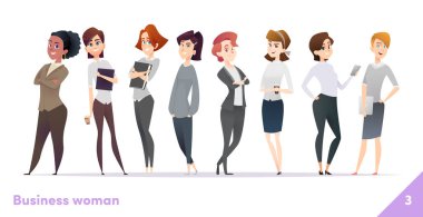 İş kadınları karakter tasarım koleksiyonu. Modern karikatür düz tarzı. Dişiler bir arada durur. Genç profesyonel kadın pozlar.