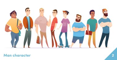 İnsanlar karakter tasarım koleksiyonu. Modern karikatür düz tarzı. Erkekler ya da manegerler bir arada dururlar. Genç profesyonel erkekler pozlar.