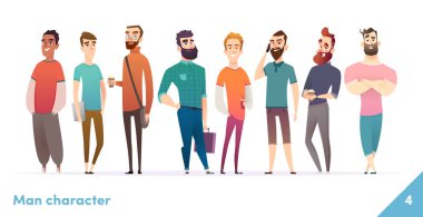 İnsanlar karakter tasarım koleksiyonu. Modern karikatür düz tarzı. Erkekler ya da manegerler bir arada dururlar. Genç profesyonel erkekler pozlar.