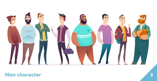 İnsanlar karakter tasarım koleksiyonu. Modern karikatür düz tarzı. Erkekler ya da manegerler bir arada dururlar. Genç profesyonel erkekler pozlar.