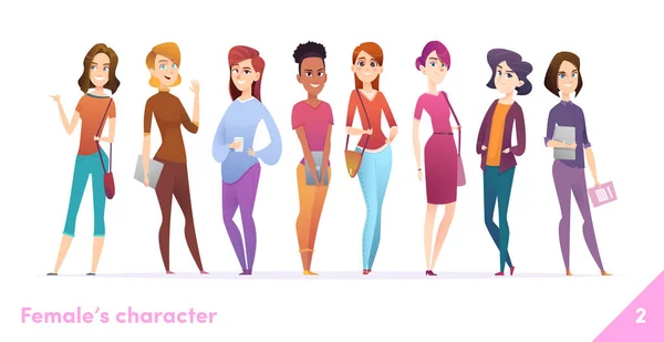 Women character design collection. Modern cartoon flat style. Females stand together. Young females in different poses. — Stock Vector