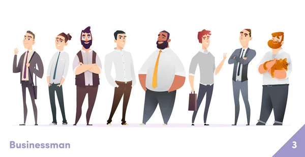 İşadamı veya insan karakter tasarım koleksiyonu. Modern karikatür düz tarzı. Genç profesyonel erkekler pozlar.