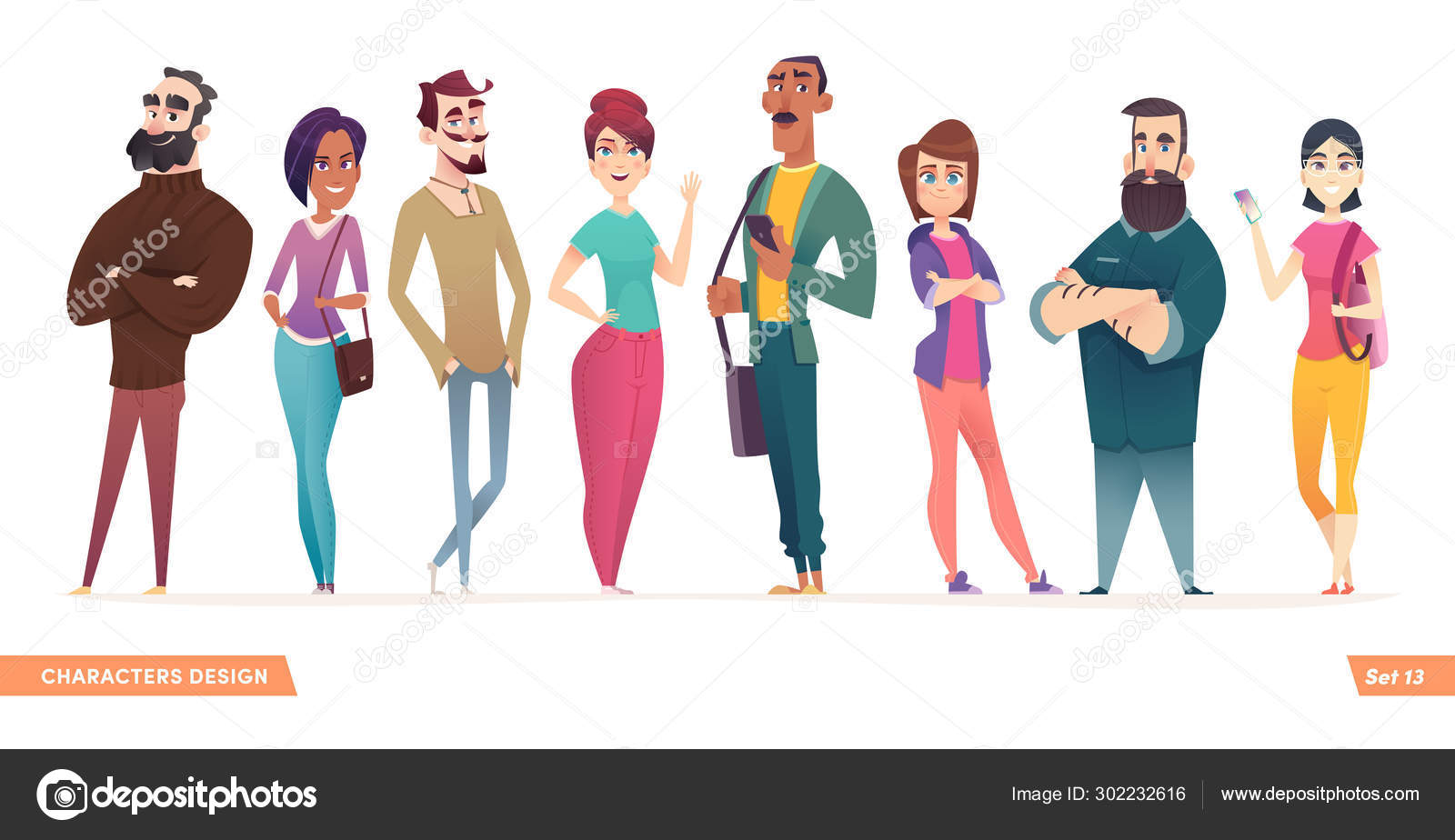 En gruppe karismatiske smilende ungdommer som står sammen. Mennesker og  studenter, ungdomsfaglig samling . stockvektor © DemianVS #302232616, image size:1600x924