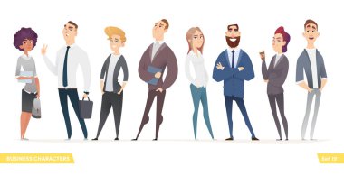 Collection of charming young entrepreneurs or businessmen and managers. Business people standing togever. Modern cartoon style clipart
