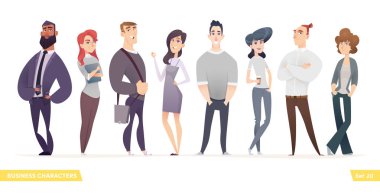 Büyüleyici genç girişimciler veya işadamları ve yöneticileri koleksiyonu. İş adamları ayakta togever. Modern karikatür tarzı