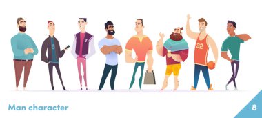 People karakter tasarım koleksiyonu. Erkekler ya da yöneticiler bir arada dururlar. Genç profesyonel erkekler poz verir.