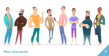 People karakter tasarım koleksiyonu. Erkekler ya da yöneticiler bir arada dururlar. Genç profesyonel erkekler poz verir.