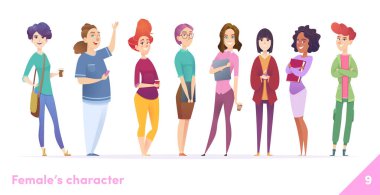 Kadın karakter tasarım koleksiyonu. Modern düz çizgi film tarzı. Dişiler bir arada durur. Farklı pozlarda genç kadınlar..