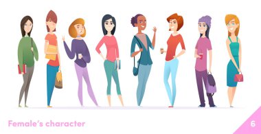 Kadın karakter tasarım koleksiyonu. Modern düz çizgi film tarzı. Dişiler bir arada durur. Farklı pozlarda genç kadınlar..