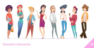 Kadın karakter tasarım koleksiyonu. Modern düz çizgi film tarzı. Dişiler bir arada durur. Farklı pozlarda genç kadınlar..