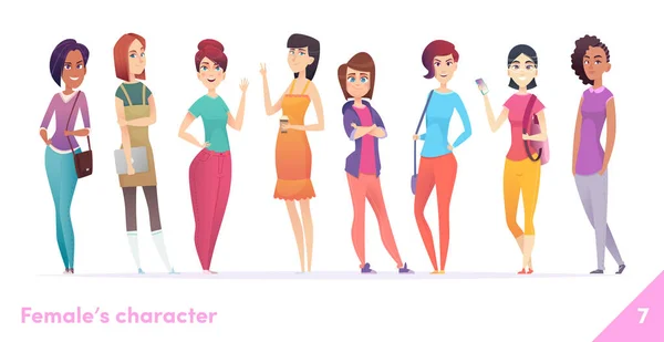 Women character design collection. Modern cartoon flat style. Females stand together. Young females in different poses. — Stock Vector