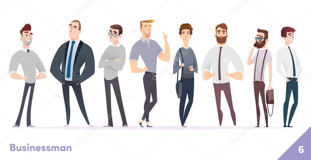 Businessman or people character design collection. Modern cartoon flat style. Young professional males poses.