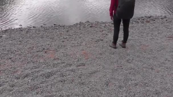 Jovem solteira com mochila na margem de um lago de montanha. Drone disparado . — Vídeo de Stock