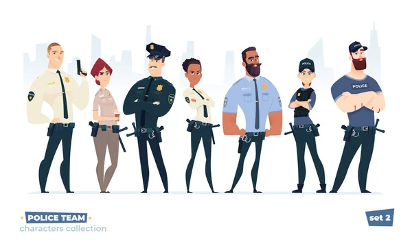 Colecção de policiais, policial e equipe de mulheres policiais. Policias e oficiais de segurança em uniforme de pé juntos —  Vetores de Stock