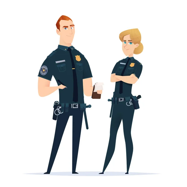Um casal de polícias de uniforme. Personagens da polícia. Agentes de segurança pública. Guardiões da lei e da ordem — Vetor de Stock