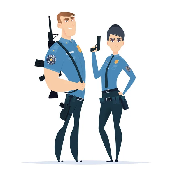 Um casal de polícias de uniforme. Personagens da polícia. Agentes de segurança pública. Guardiões da lei e da ordem — Vetor de Stock