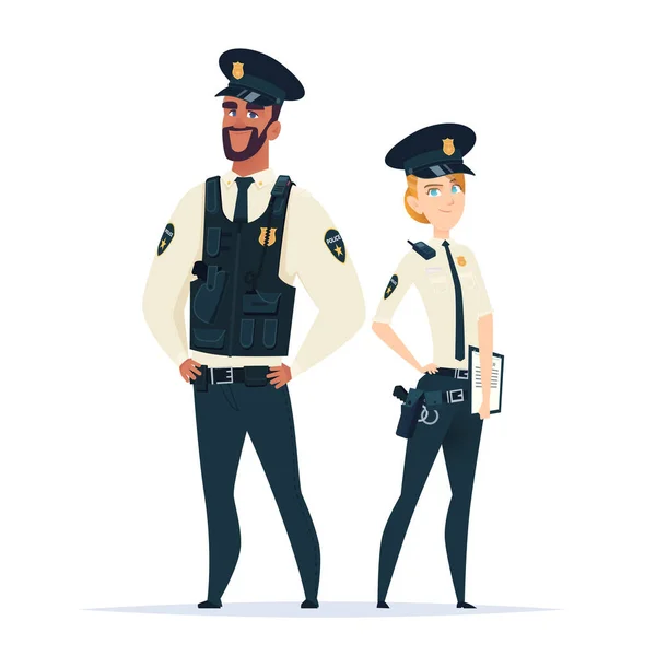 穿着制服的警官夫妇站着.警察人物。公共安全官员。法律和秩序的监护人 — 图库矢量图片