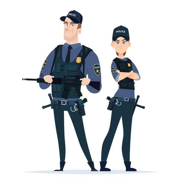 경찰은 제복을 입은 남녀가 함께 서 있는 것을 맹렬히 비난 했다. 갑옷을 입은 공안 장교. 법의 수호자들. — 스톡 벡터