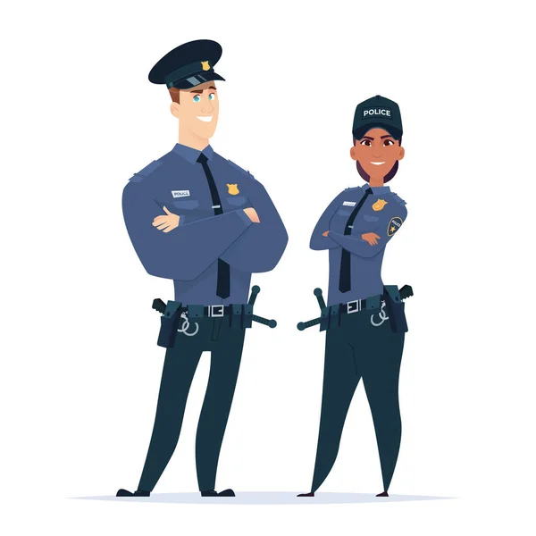 Pareja de oficiales de policía en el uniforme de pie. Personajes policiales. Funcionarios de seguridad pública. Guardianes de la ley y el orden — Vector de stock