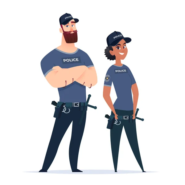 Policía de dibujos animados equipo de hombres y mujeres. Oficiales de  seguridad pública con coche de policía. Guardianes de la ley y el orden .  Vector de Stock de ©DemianVS 383227546