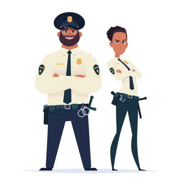 Un couple de policiers en uniforme debout. Des personnages policiers. Officiers de sécurité publique. Gardiens de l'ordre public — Image vectorielle