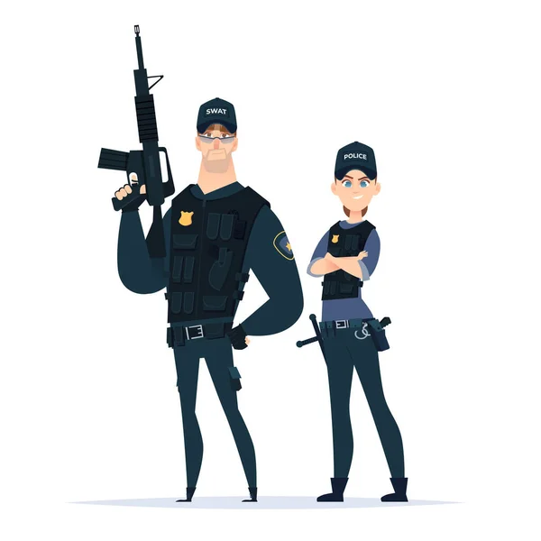 Un couple de policiers en uniforme debout ensemble. Officiers de la sécurité publique en armure. Gardiens de la loi . — Image vectorielle