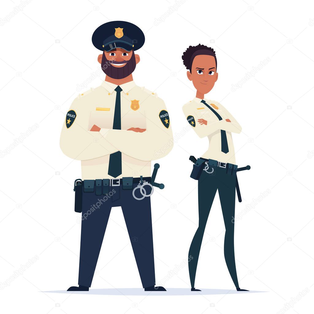 Police officer couple in the uniform standing. Police characters. Public safety officers. Guardians of law and order