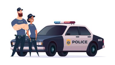 Karikatür polis memurları kadın ve erkek takımı. Polis arabalı kamu güvenliği memurları. Kanun ve düzenin koruyucuları.