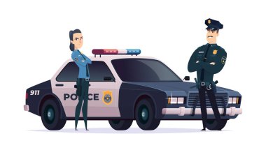 Karikatür polis memurları kadın ve erkek takımı. Polis arabalı kamu güvenliği memurları. Kanun ve düzenin koruyucuları.