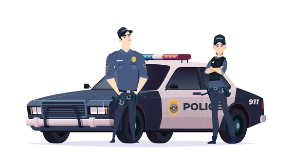 Rajzfilm rendőrtisztek férfi és nő csapat. Közbiztonsági tisztek rendőrautóval. Törvény és rend őrei. — Stock Vector
