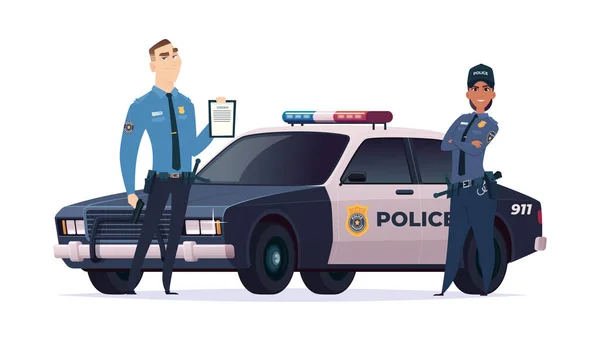 Cartoon police officers man and woman team. Public safety officers with police car. Guardians of law and order. — Stock Vector