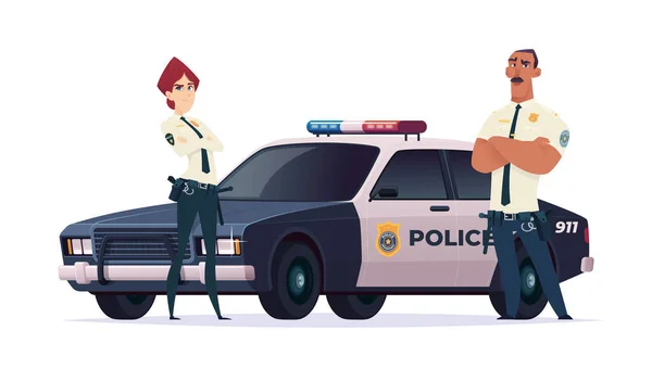 Polícia dos desenhos animados homem e mulher equipe. Agentes de segurança pública com carro da polícia. Guardiões da lei e da ordem . — Vetor de Stock