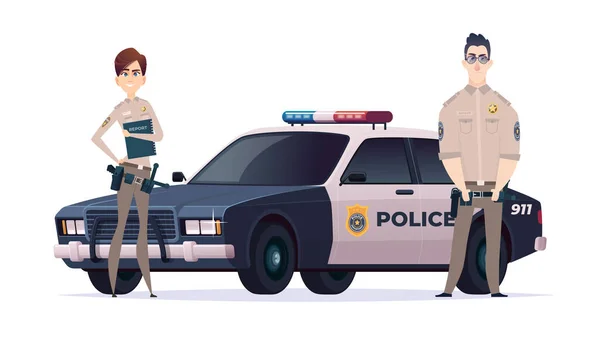 Cartoon police officers man and woman team. Public safety officers with police car. Guardians of law and order. — Stock Vector