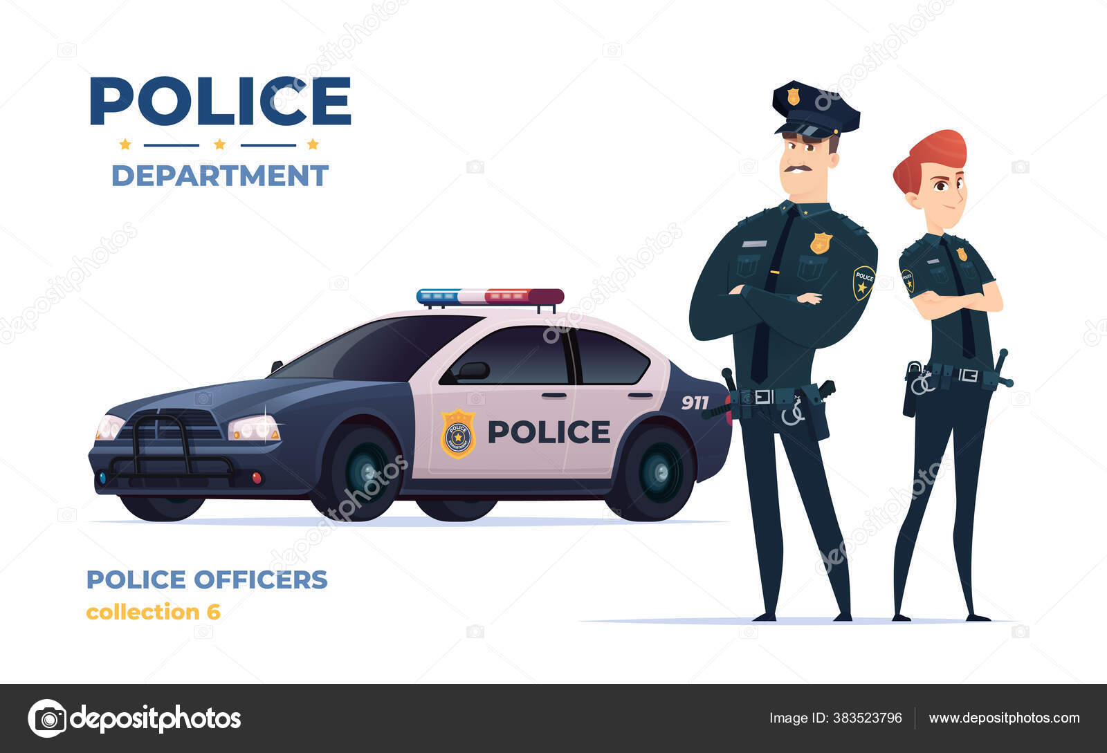 Cartoon police officers man and woman team. Public safety officers with  police car. Guardians of law and order. Stock Vector Image by ©DemianVS  #383523796