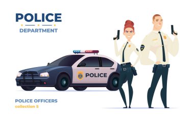 Karikatür polis memurları kadın ve erkek takımı. Polis arabalı kamu güvenliği memurları. Kanun ve düzenin koruyucuları.