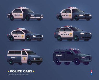 Çeşitli türde polis arabaları koleksiyonu. Şehir polis arabası, minibüs, cip, takip ve SWAT kamyonu.
