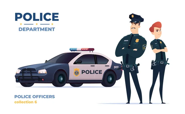 Police de bande dessinée homme et femme équipe. Agents de sécurité publique avec voiture de police. Gardiens de l'ordre public. — Image vectorielle