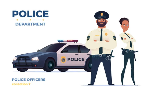 Police de bande dessinée homme et femme équipe. Agents de sécurité publique avec voiture de police. Gardiens de l'ordre public. — Image vectorielle