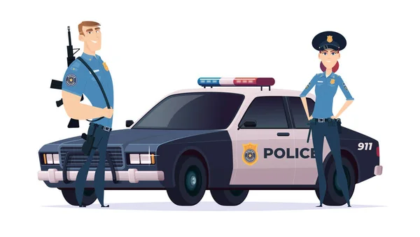 Cartoon police officers man and woman team. Public safety officers with police car. Guardians of law and order. — Stock Vector
