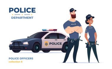Karikatür polis memurları kadın ve erkek takımı. Polis arabalı kamu güvenliği memurları. Kanun ve düzenin koruyucuları.