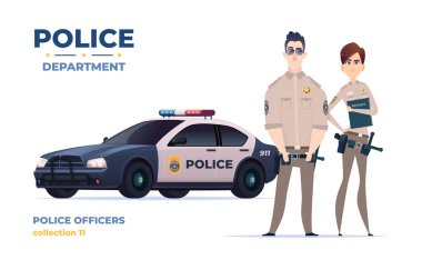 Karikatür polis memurları kadın ve erkek takımı. Polis arabalı kamu güvenliği memurları. Kanun ve düzenin koruyucuları.