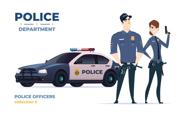 Police de bande dessinée homme et femme équipe. Agents de sécurité publique avec voiture de police. Gardiens de l'ordre public. — Image vectorielle