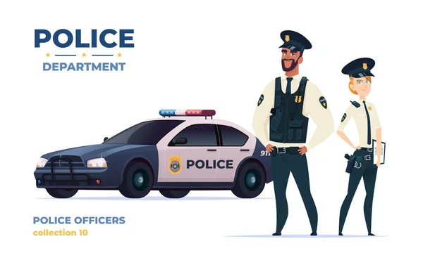 Police de bande dessinée homme et femme équipe. Agents de sécurité publique avec voiture de police. Gardiens de l'ordre public. — Image vectorielle