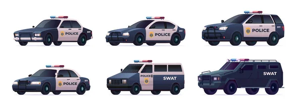 Collection of police cars of various types. City urban police car, van, suv, pursuit and swat truck — Stock Vector