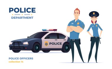 Karikatür polis memurları kadın ve erkek takımı. Polis arabalı kamu güvenliği memurları. Kanun ve düzenin koruyucuları.