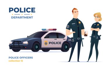 Karikatür polis memurları kadın ve erkek takımı. Polis arabalı kamu güvenliği memurları. Kanun ve düzenin koruyucuları.